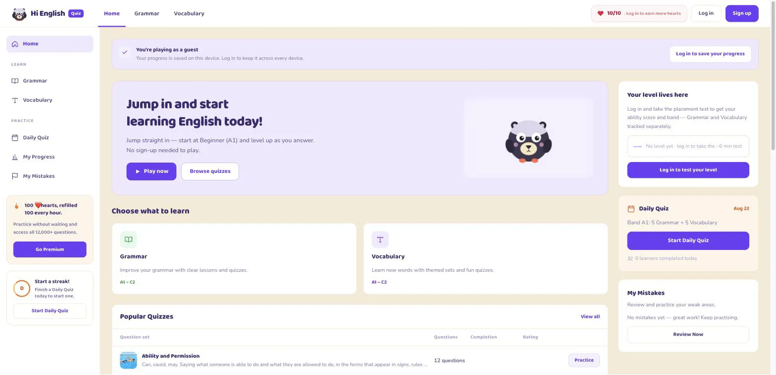 The Hi English Quiz home page with grammar and vocabulary