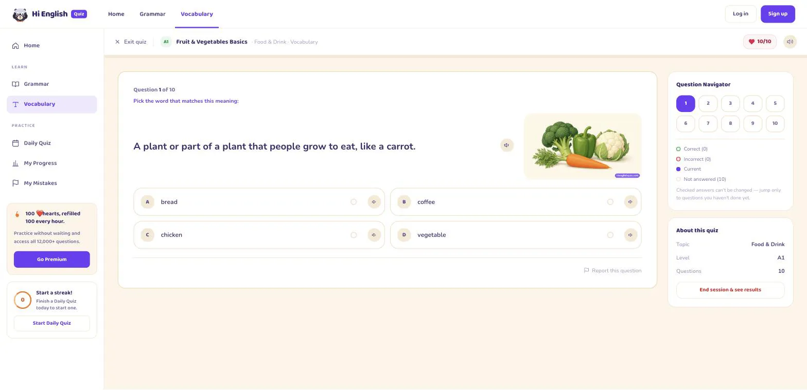 A vocabulary question showing a picture of vegetables
