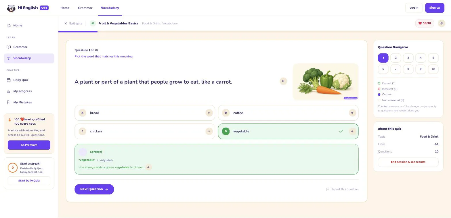 The answer revealed with pronunciation and an example sentence