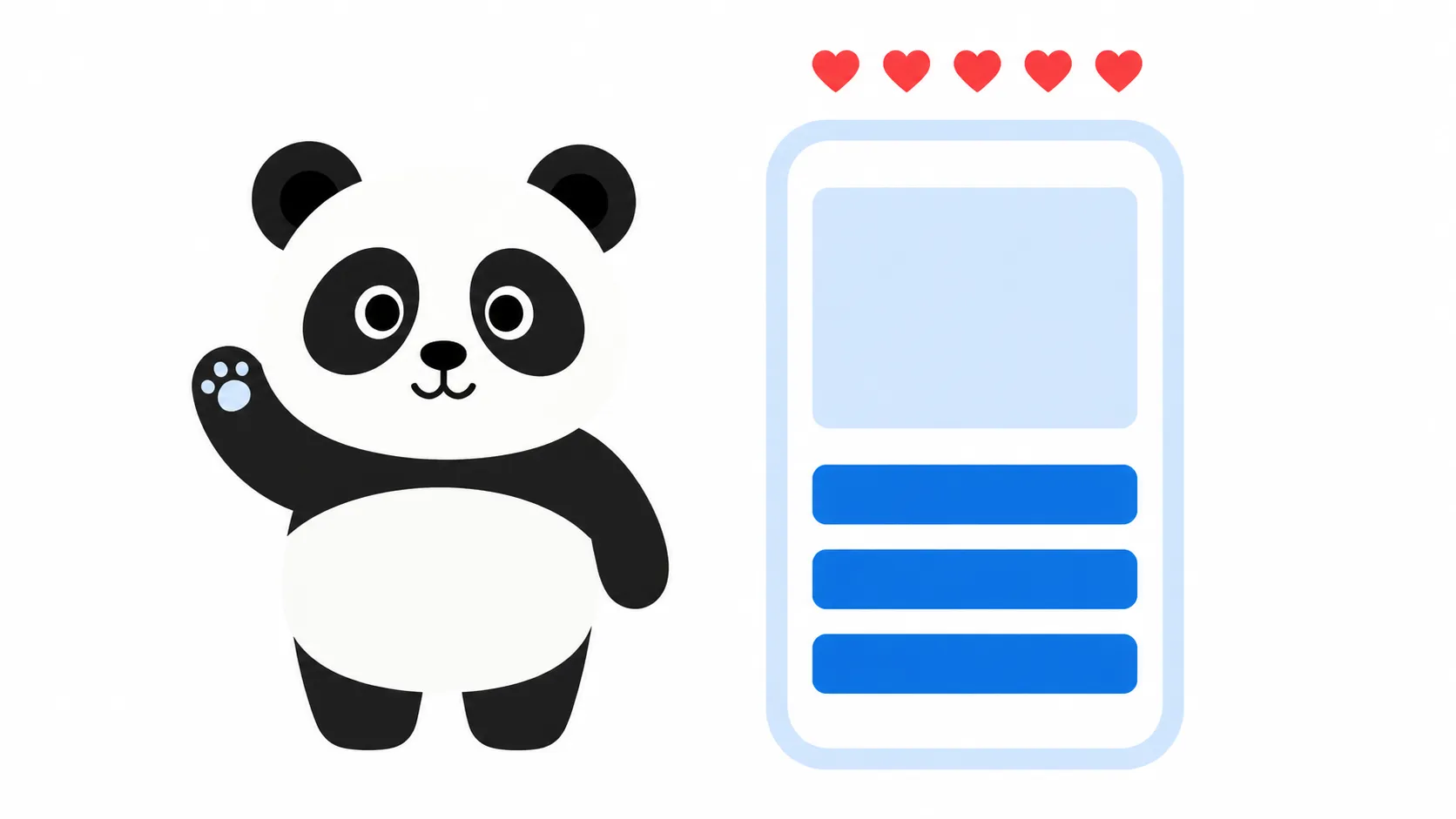 A panda mascot beside a picture quiz card and hearts